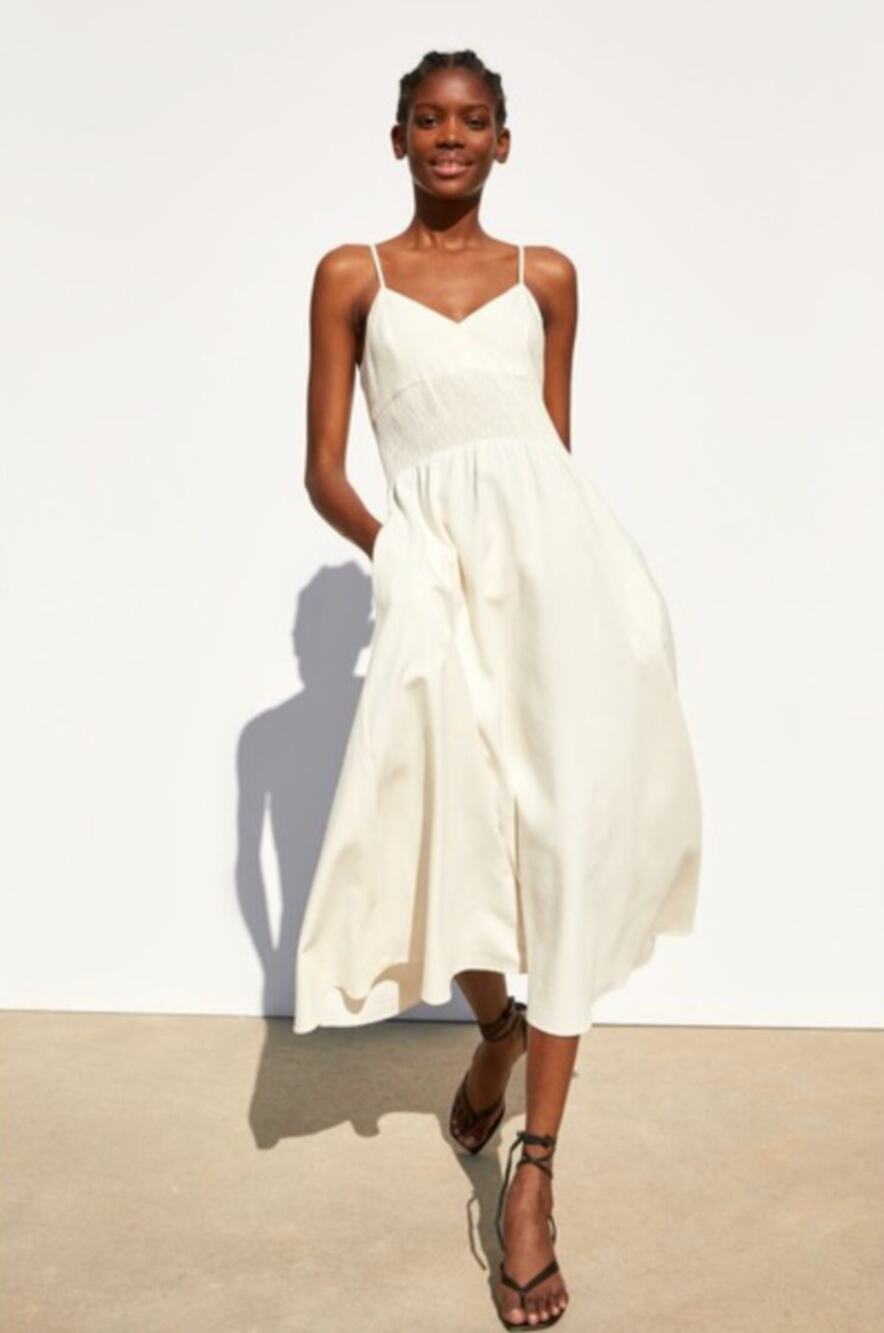 Zara Ecru Linen Strappy V Neck Smock Rustic Voluminous Midi Long Flowing Dress M